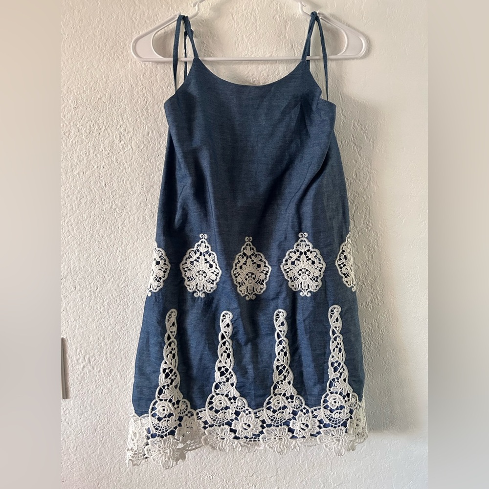 Rare Editions Girls Strap Chambray and Lace Dress Size 14